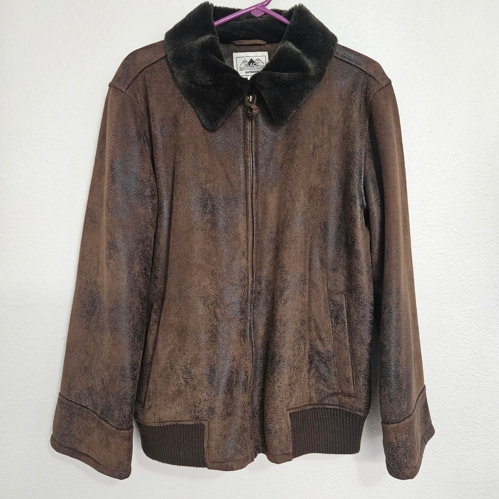 Black Mountain Outdoor Brown Faux Leather Bomber Jacket Faux Fur Collar Medium